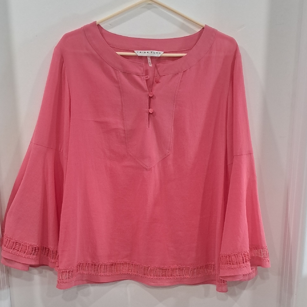 Trina Turk Coral Blouse with Bell Sleeves